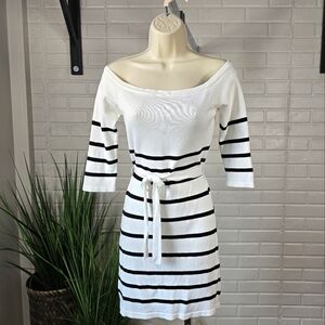 Coveted Clothing White and Black Striped Off The Shoulder Knit Mini Dress Small